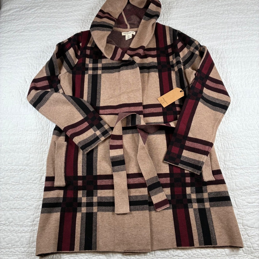 NWT Christian Siriano Hooded Cardigan L Tan Plaid Belted Knit Sweater Jacket - Picture 9 of 9